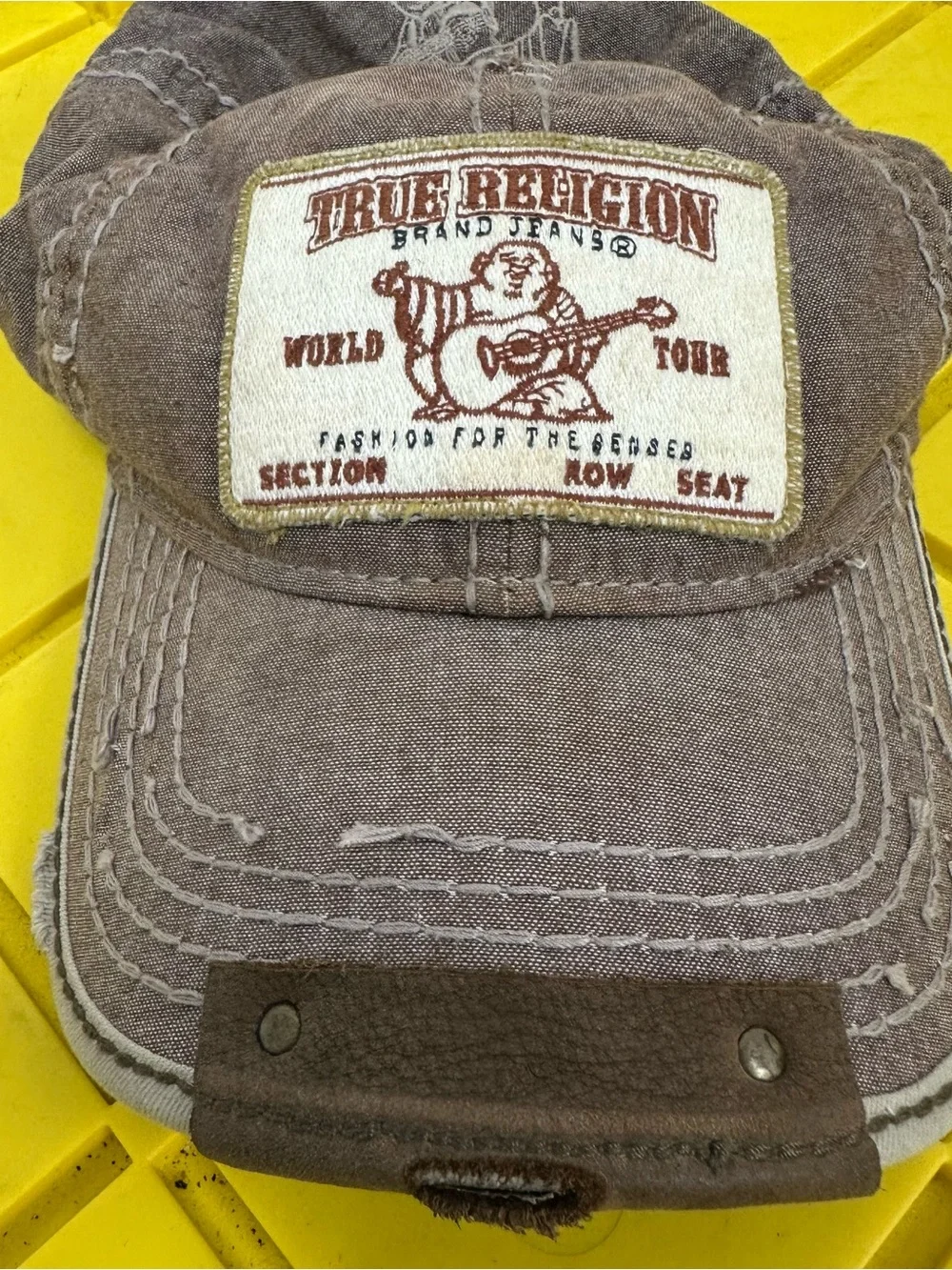 Vintage True Religion Hat Mens Leather Strapback Brown Distressed Y2K